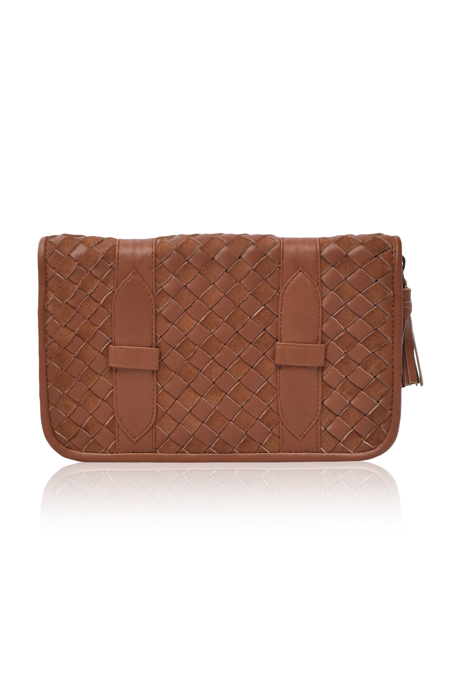 Brown leather woven clutch bag on a white background