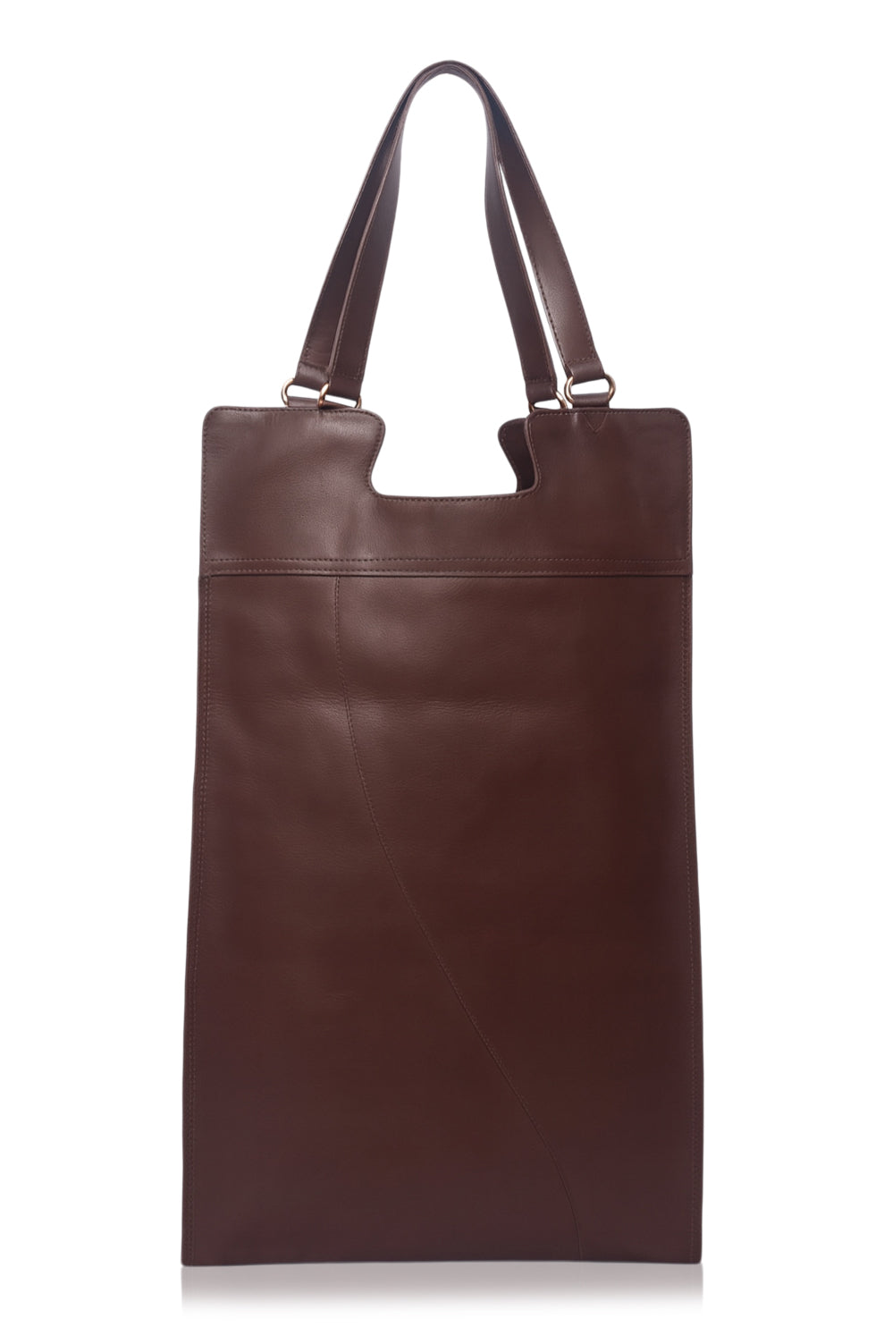Brown leather tote bag on a white background