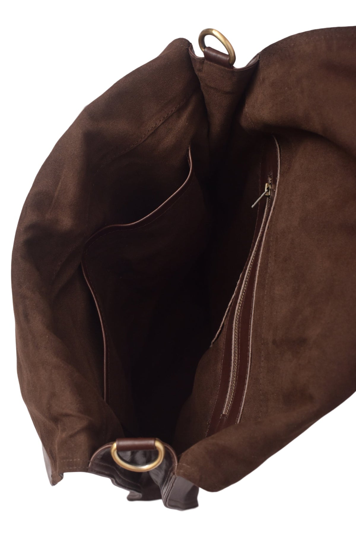Brown leather bag with gold hardware on a white background view of suede interior