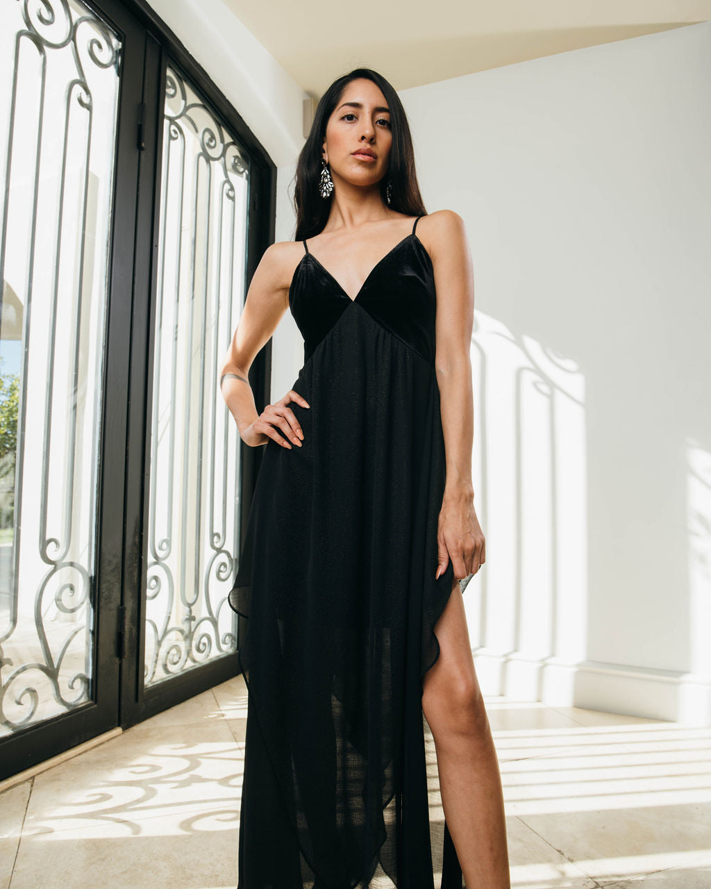 AVAH-Twilight Soirée Black V-Neck Velvet Maxi Dress