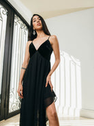 AVAH-Twilight Soirée Black V-Neck Velvet Maxi Dress