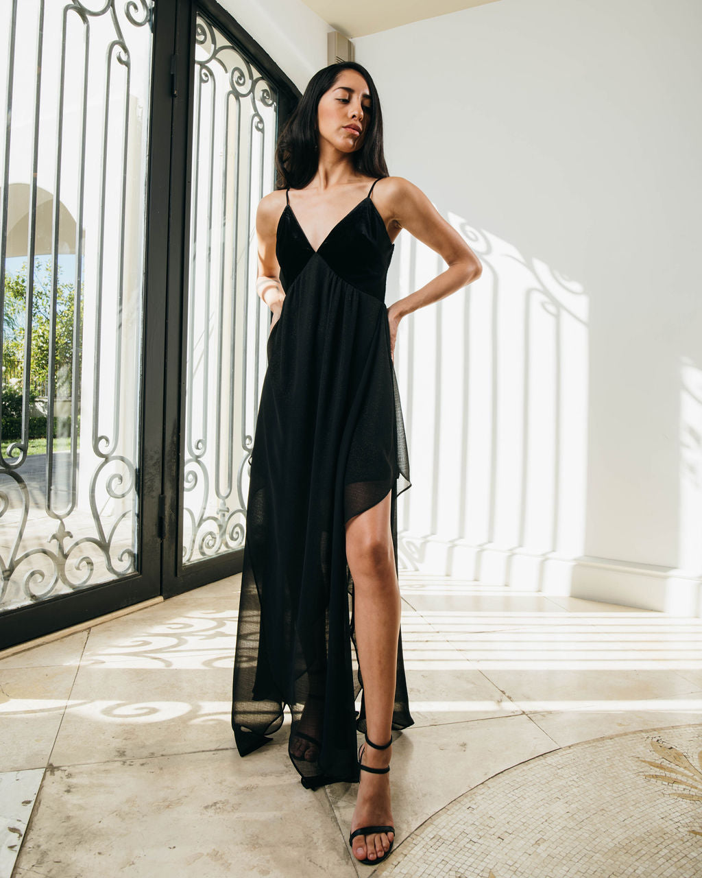 AVAH-Twilight Soirée Black V-Neck Velvet Maxi Dress