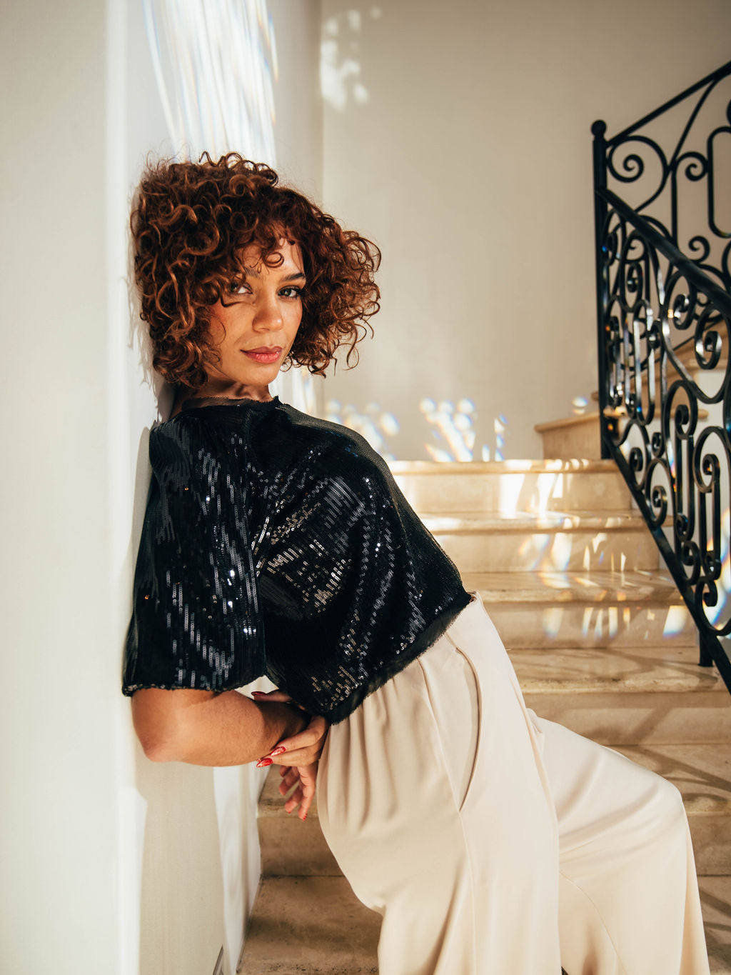 Galaxy Sparkle Puff Sleeve Sequin Top - Black