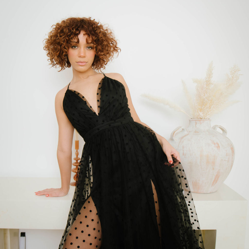 Starry Night Black Maxi Dress With Mesh Overlay Black / L Starry Night Black Maxi Dress With Mesh Overlay Black / L