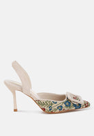 AVAH-cream color pointed-toe slingback heel with floral jacquard and buckle detail, side angle, on a white background
