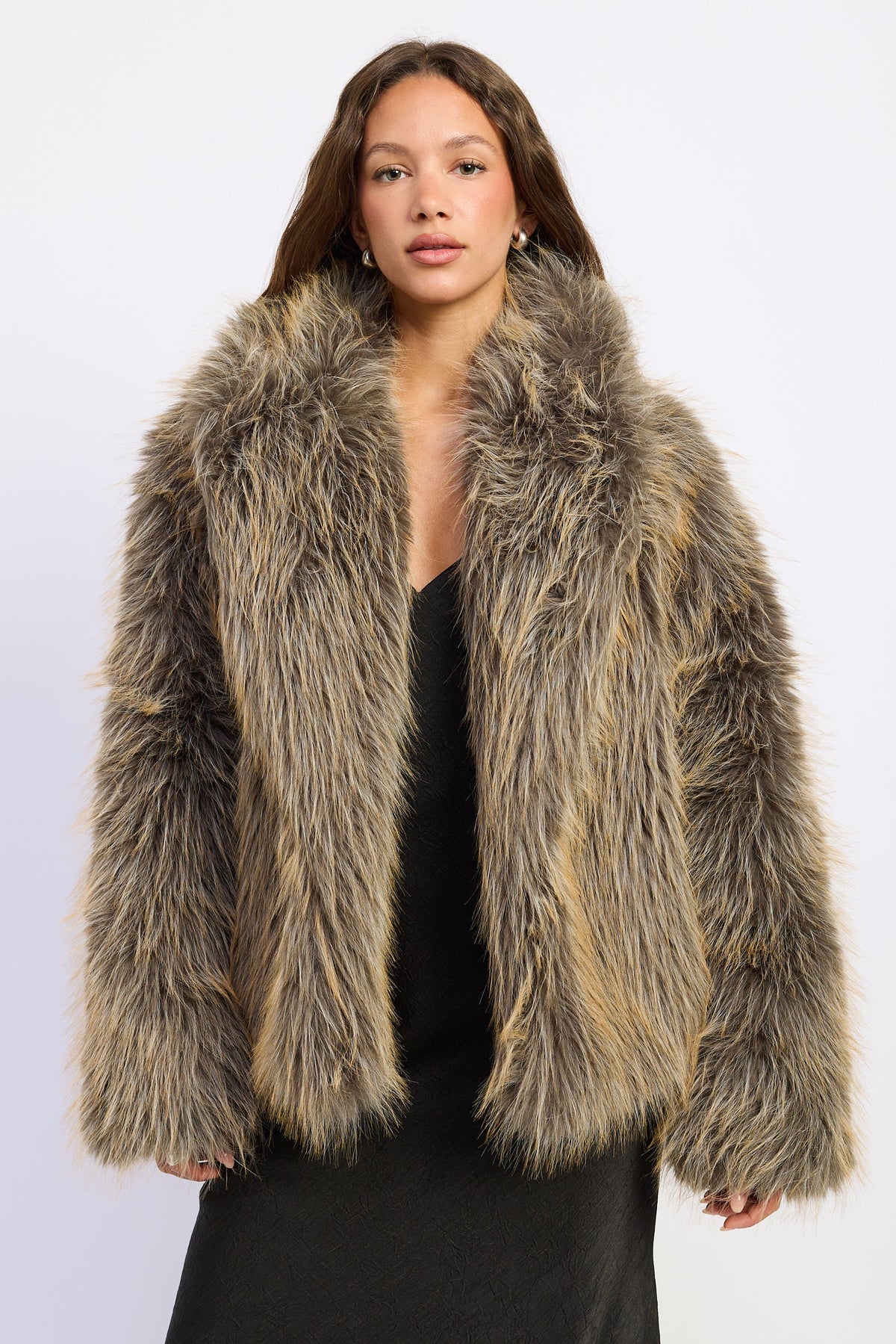 Montana Wild Faux Fur Coat in mixed brown, taupe and beige shaggy faux fur with oversized collar, front view.