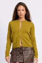 Moss green button front cardigan with crew neckline, long sleeves and ribbed trim, front view.