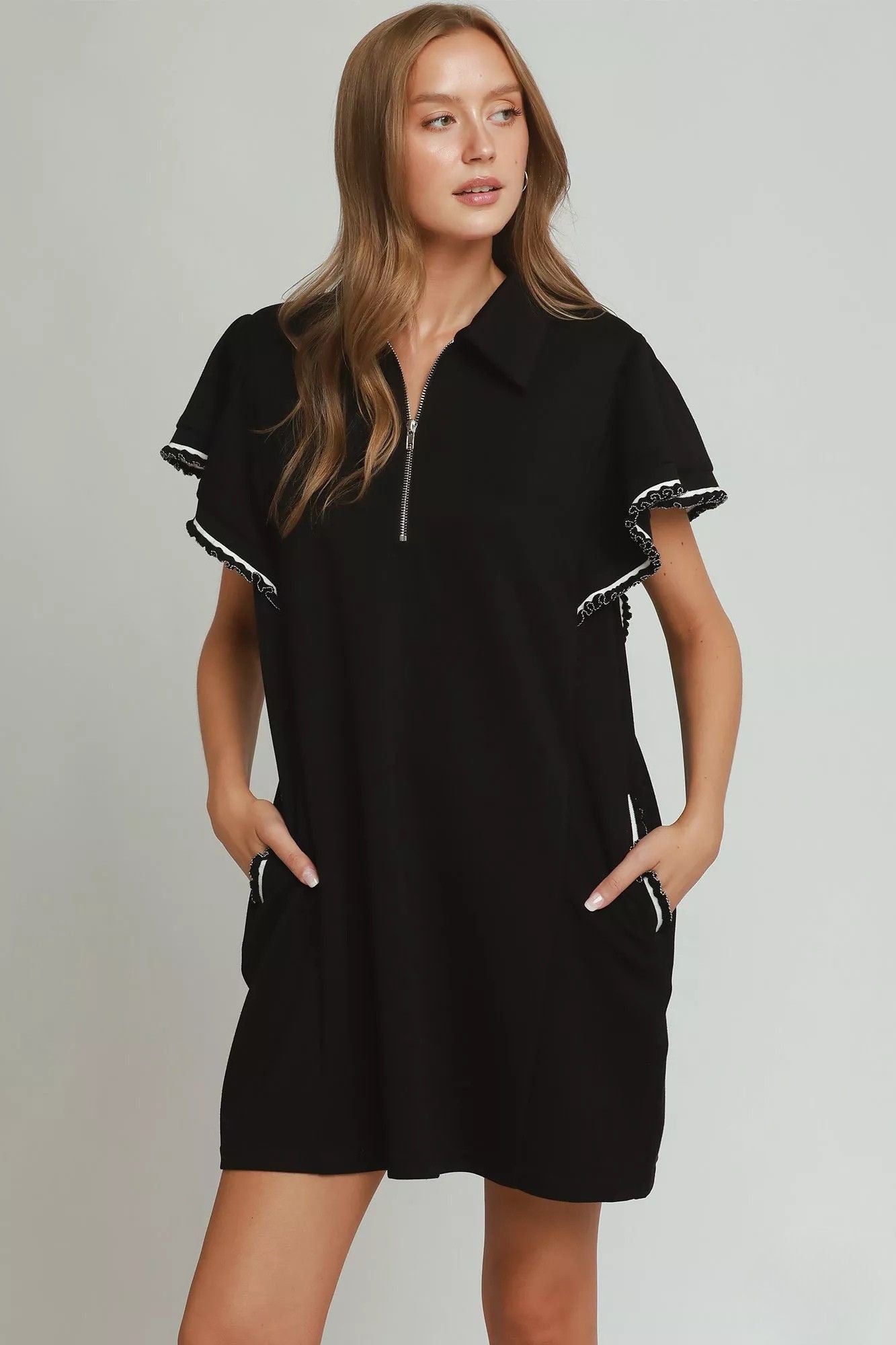  Black half zip mini dress with collared neckline and flutter sleeves front view, AVAH