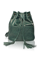 Green leather woven backpack/handbag with braded drawstring opening and braided adjustable straps with brass hardware on the front on white background, front view