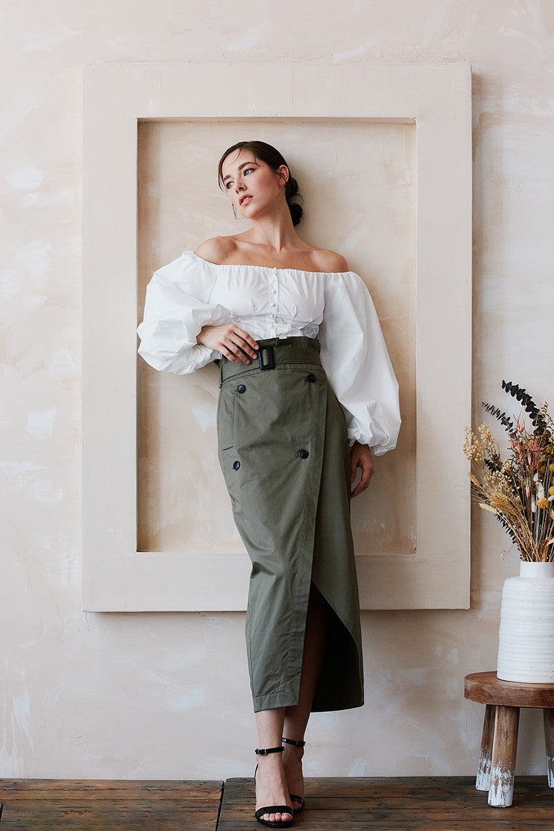 Olive Whisper High Waisted Wrap Midi Skirt-Olive Green-Avah