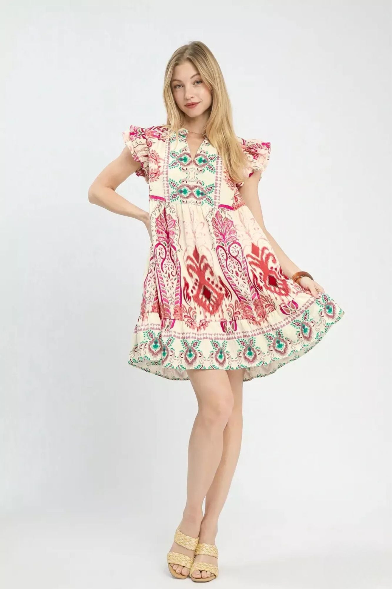 Painted Paisley Flutter Sleeve Mini Dress with mixed paisley print and tiered skirt front view