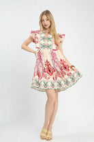 Painted Paisley Flutter Sleeve Mini Dress with mixed paisley print and tiered skirt front view