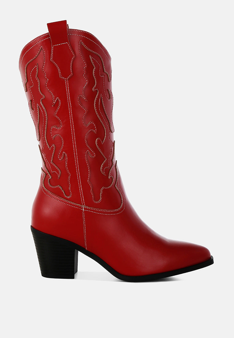 Red cowboy boot with black heel on a white background