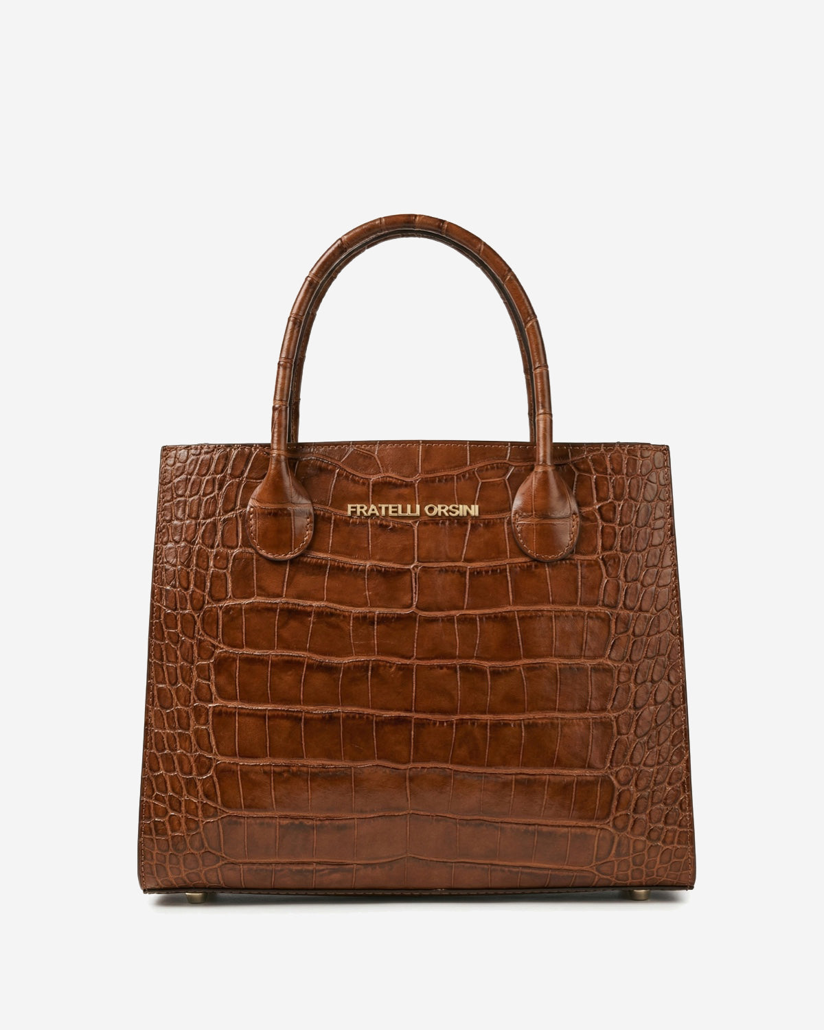 Brown crocodile-patterned handbag with 'Fratelli Orsini' branding on a white background