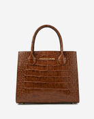 Brown crocodile-patterned handbag with 'Fratelli Orsini' branding on a white background
