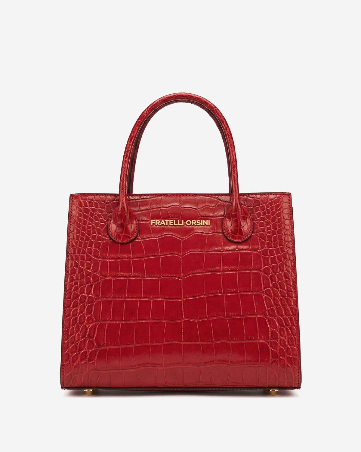 Red handbag with crocodile pattern on a white background