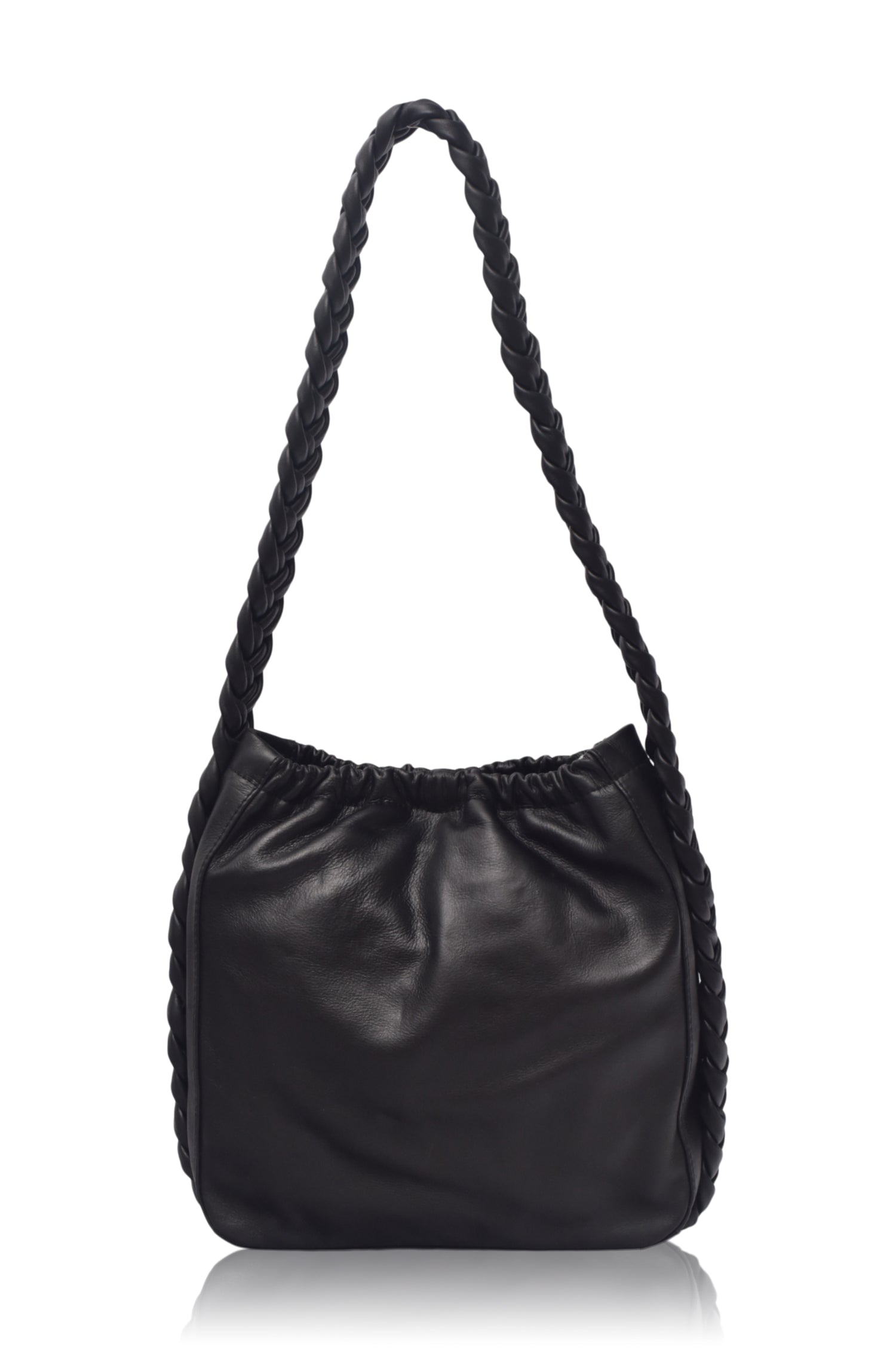 Sivuple Leather Shoulder Bag in black featuring genuine leather, braided shoulder strap, bucket silhouette, and press stud closure.