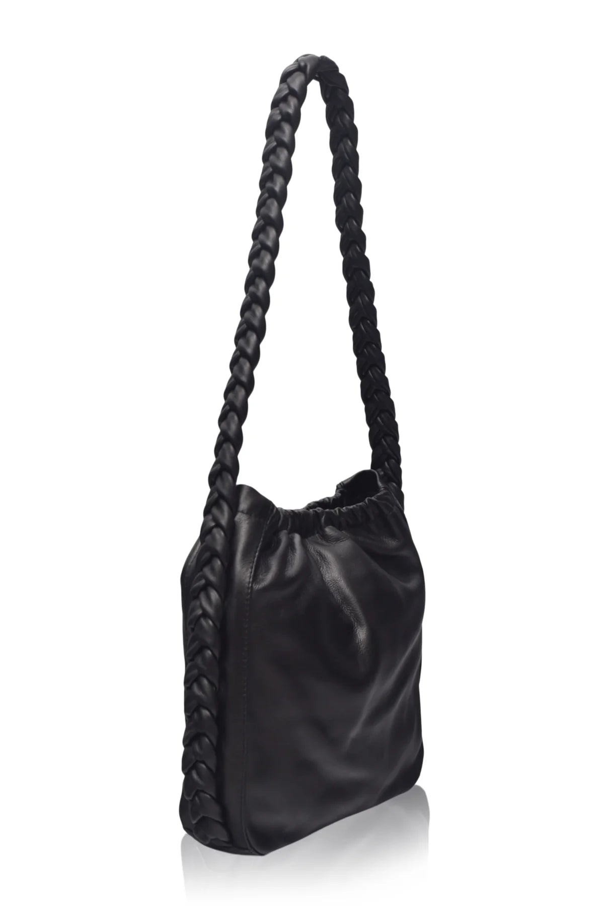Side profile of the Sivuple Leather Shoulder Bag in black showcasing the braided leather shoulder strap and slim bucket design.
