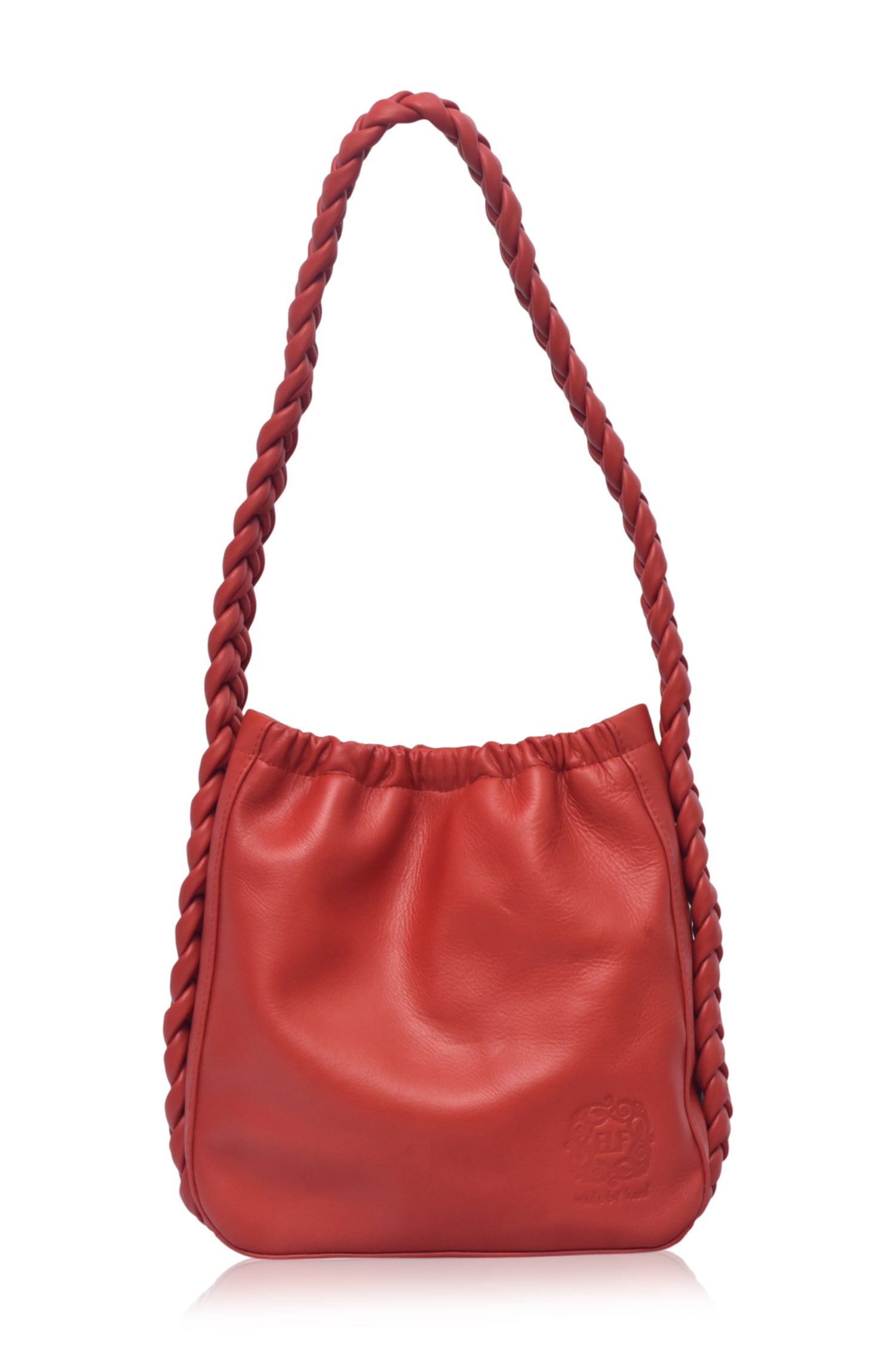 Sivuple Leather Shoulder Bag in vintage red featuring genuine leather, braided shoulder strap, bucket silhouette, and press stud closure.