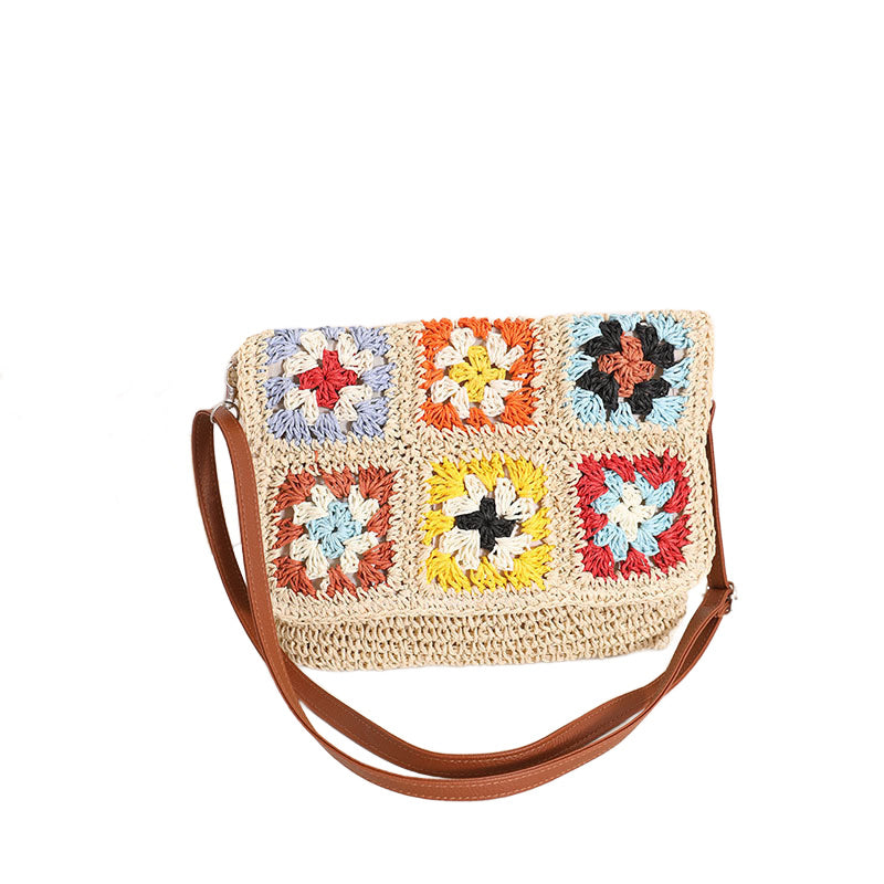 straw cream version of the bag with multicolor crochet squares-AVAH