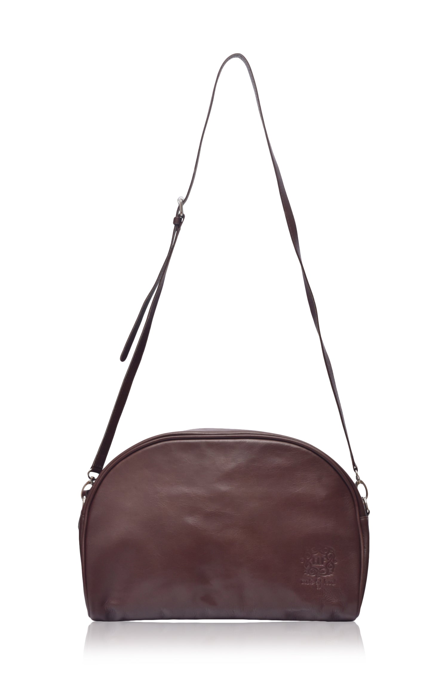Brown leather shoulder bag on a white background