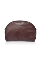 A dark brown leather clutch handbag with a rounded semi-circular shape, featuring a debossed logo on the lower right side, set against a plain white background with a subtle reflection, front view.