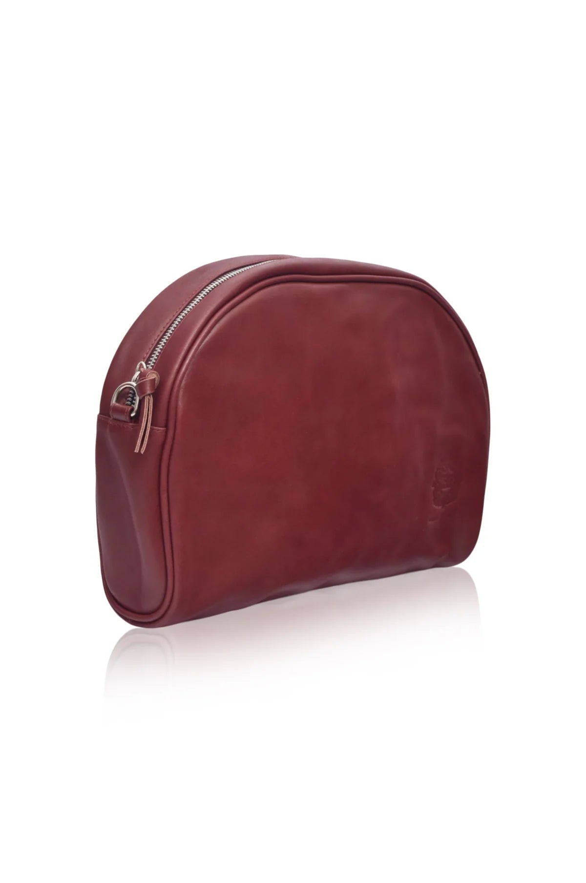Maroon clutch handbag bag with a gold zipper on a white background 3/4 view