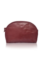 A maroon leather clutch handbag with a rounded semicircular shape, featuring a top zipper closure and a small embossed logo on the front right side, set against a plain white background with a soft reflection below, front view