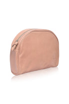 Beige leather clutch bag with a visible brand logo on a white background 3/4 view