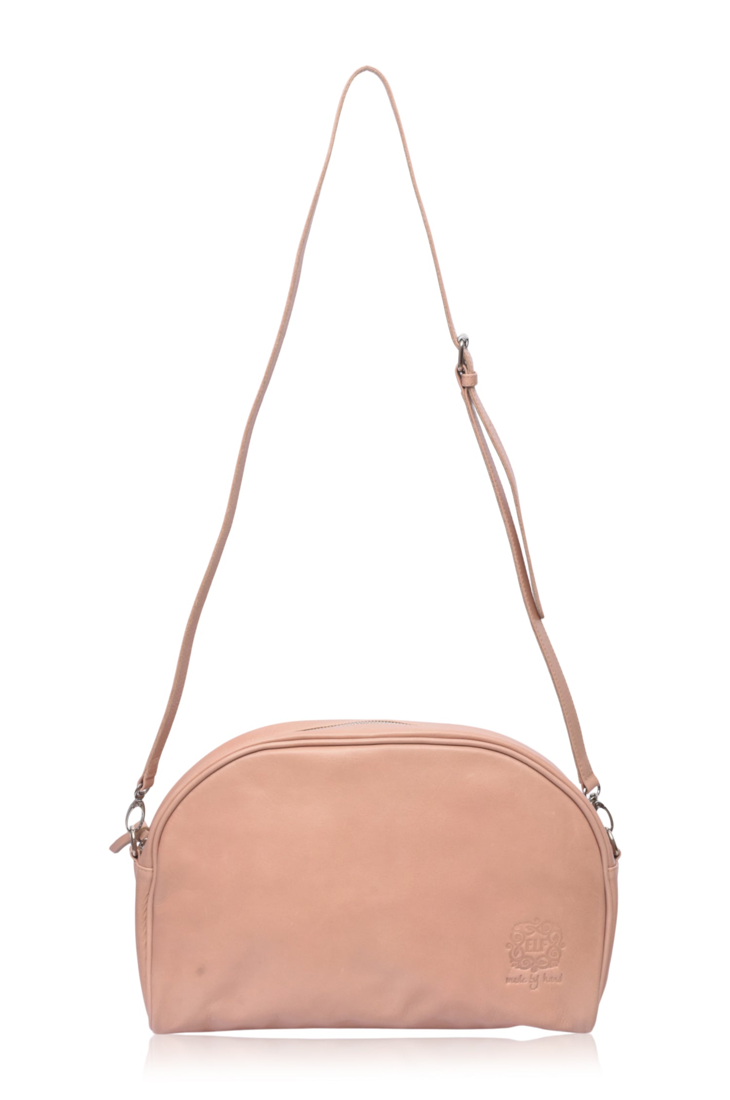 Beige handbag with an adjustable crossbody strap on a white background, front view