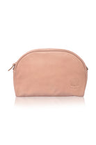 Beigh leather clutch bag with a brand logo on a white background, front view
