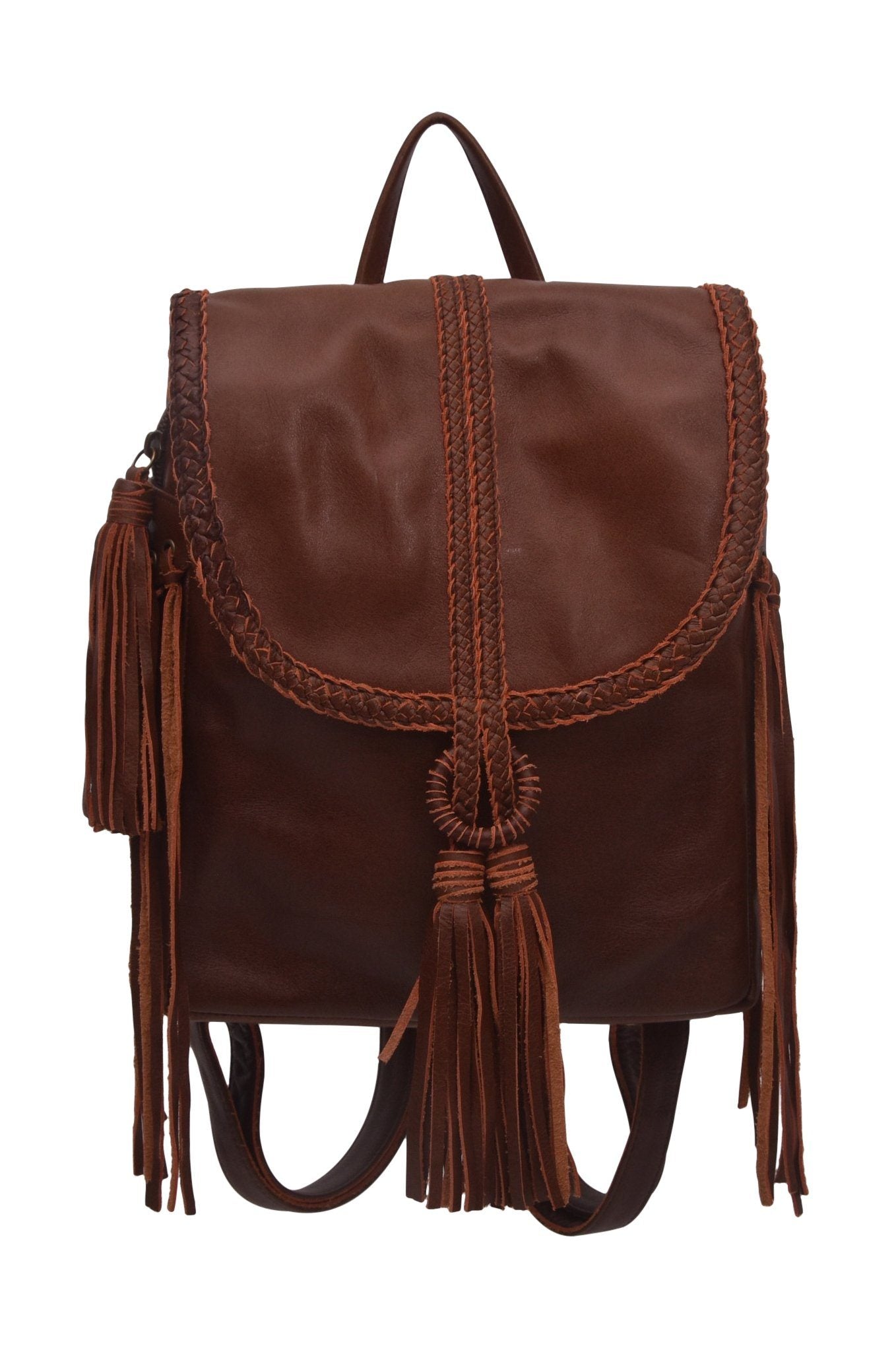 Brown leather backpack with fringe details on a white background
