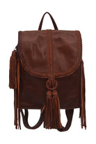 Brown leather backpack with fringe details on a white background