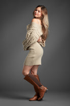 Sahara Jewel Brown Cable Sweater Dress-Beige-Avah