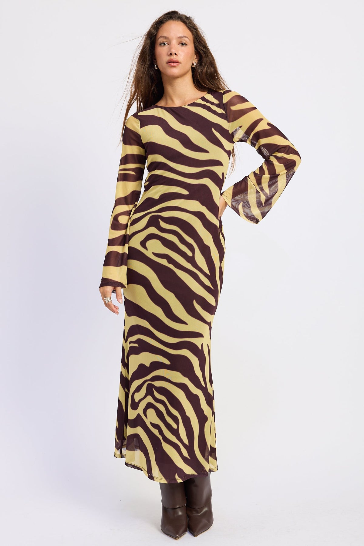Sahara brown and golden yellow zebra print maxi dress with long flared sleeves, front view.