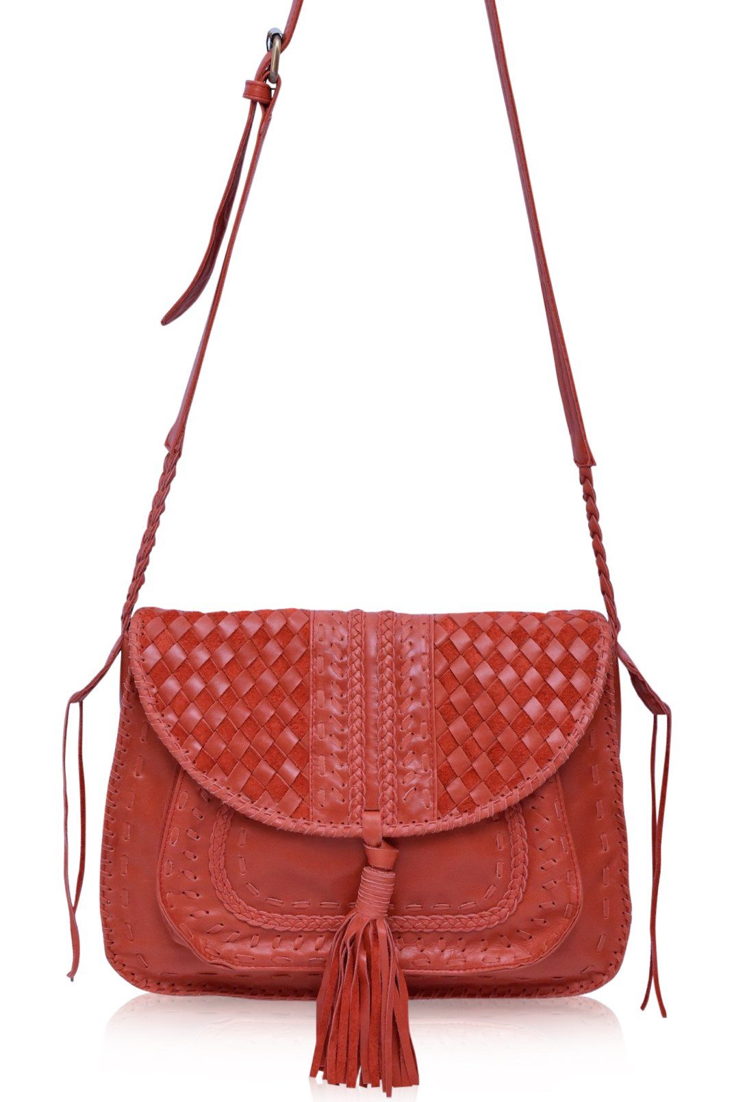 Red woven handbag with tassels on a white background