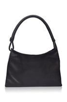 Black handbag with a knotted handle on a white background