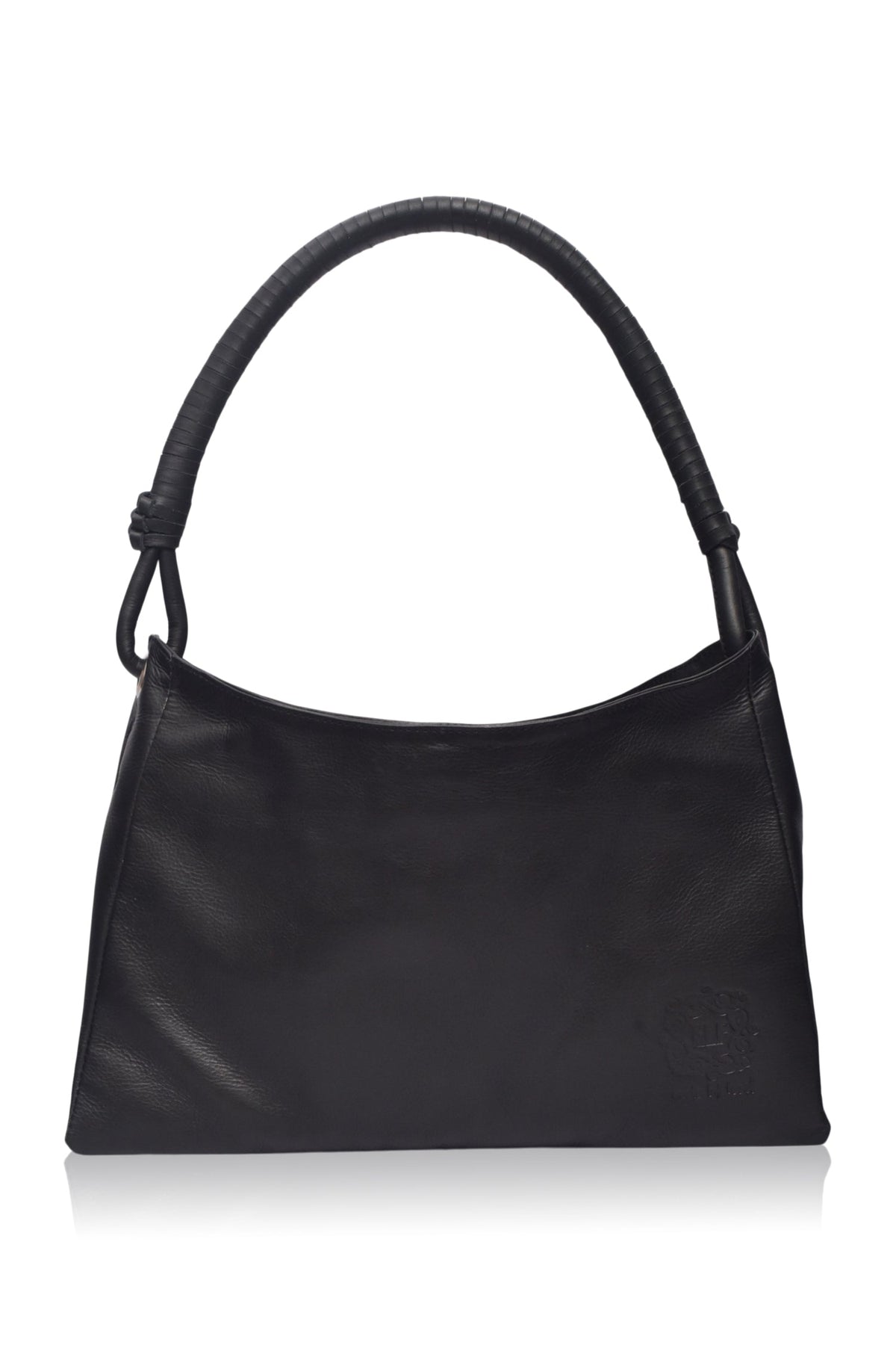 Black handbag with a knotted handle on a white background