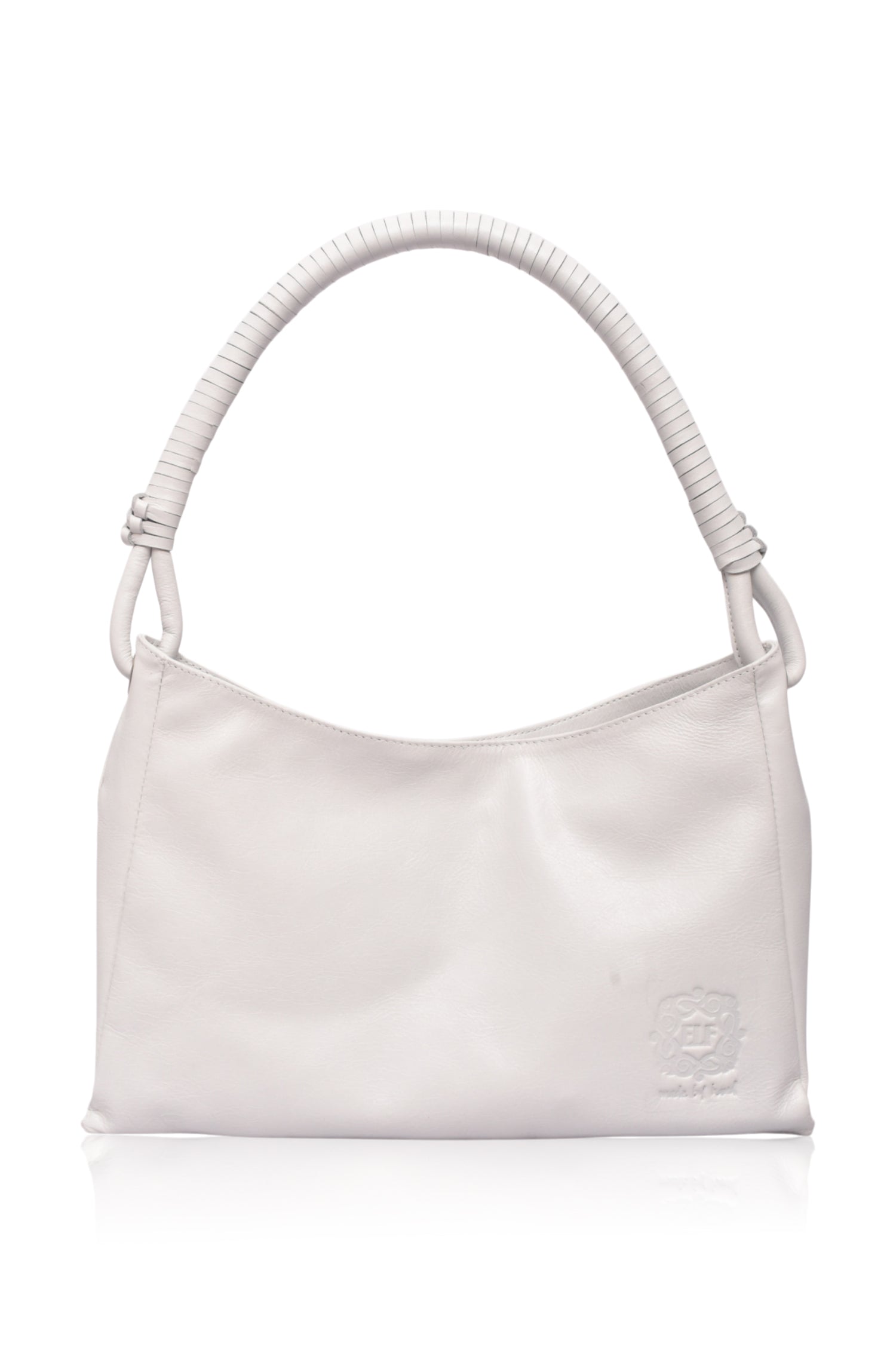 White handbag with a textured handle on a white background