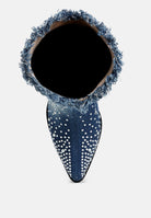 Blue denim boot with rhinestone embellishments on a white background , top view