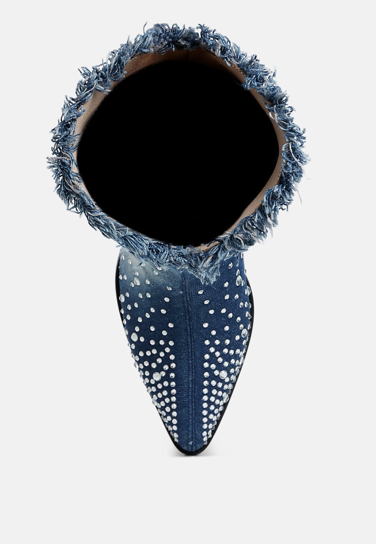 Blue denim boot with rhinestone embellishments on a white background , top view