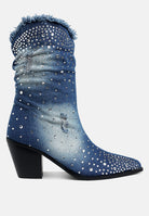 Blue denim boot with rhinestone embellishments on a white background