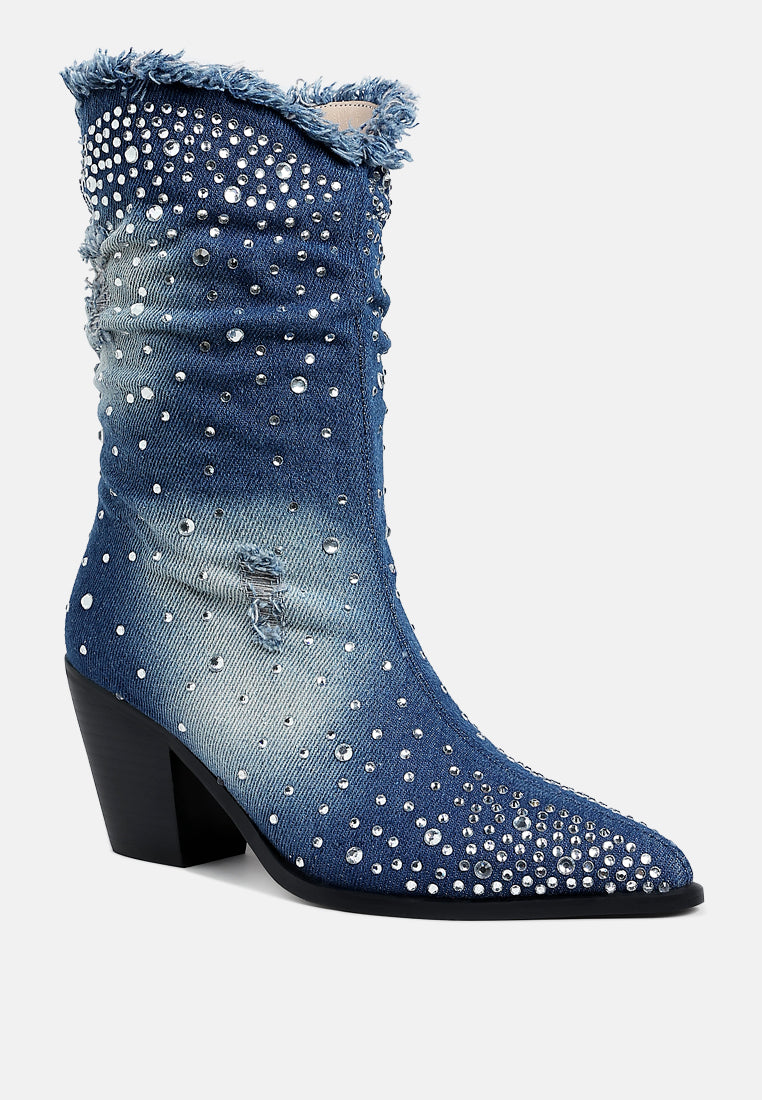 Blue denim boot with rhinestone embellishments on a white background