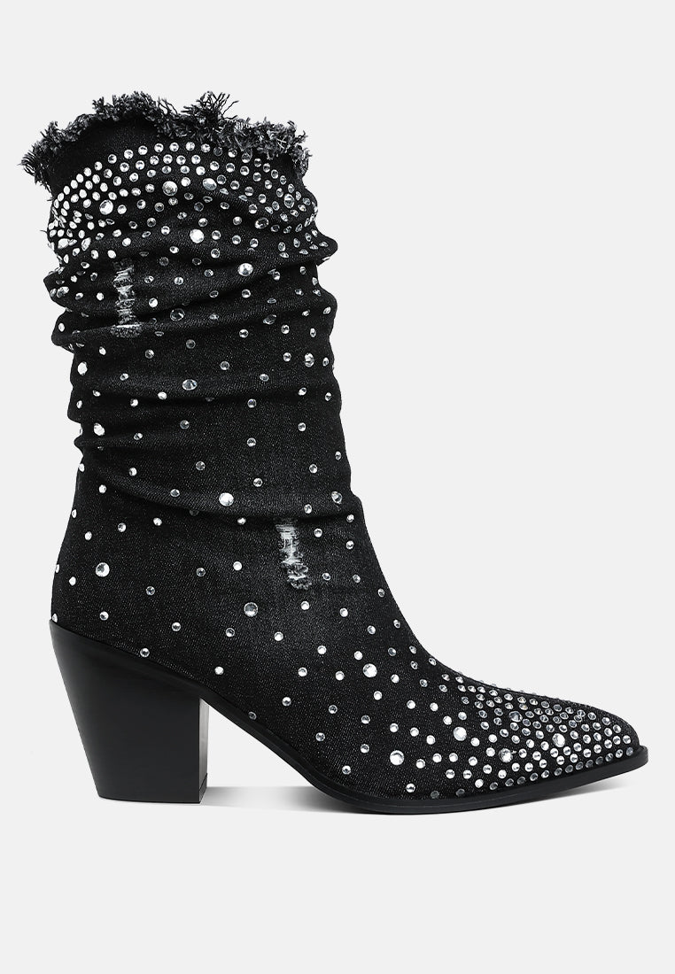 Black denim boot with rhinestone embellishments on a white background