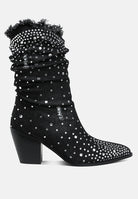 Black denim boot with rhinestone embellishments on a white background