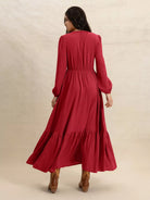Scarlett Grace Button Front Maxi Dress in deep scarlet red — back view