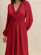 Scarlett Grace Button Front Maxi Dress in deep scarlet red — close-up of the lace detail and button-front bodice.