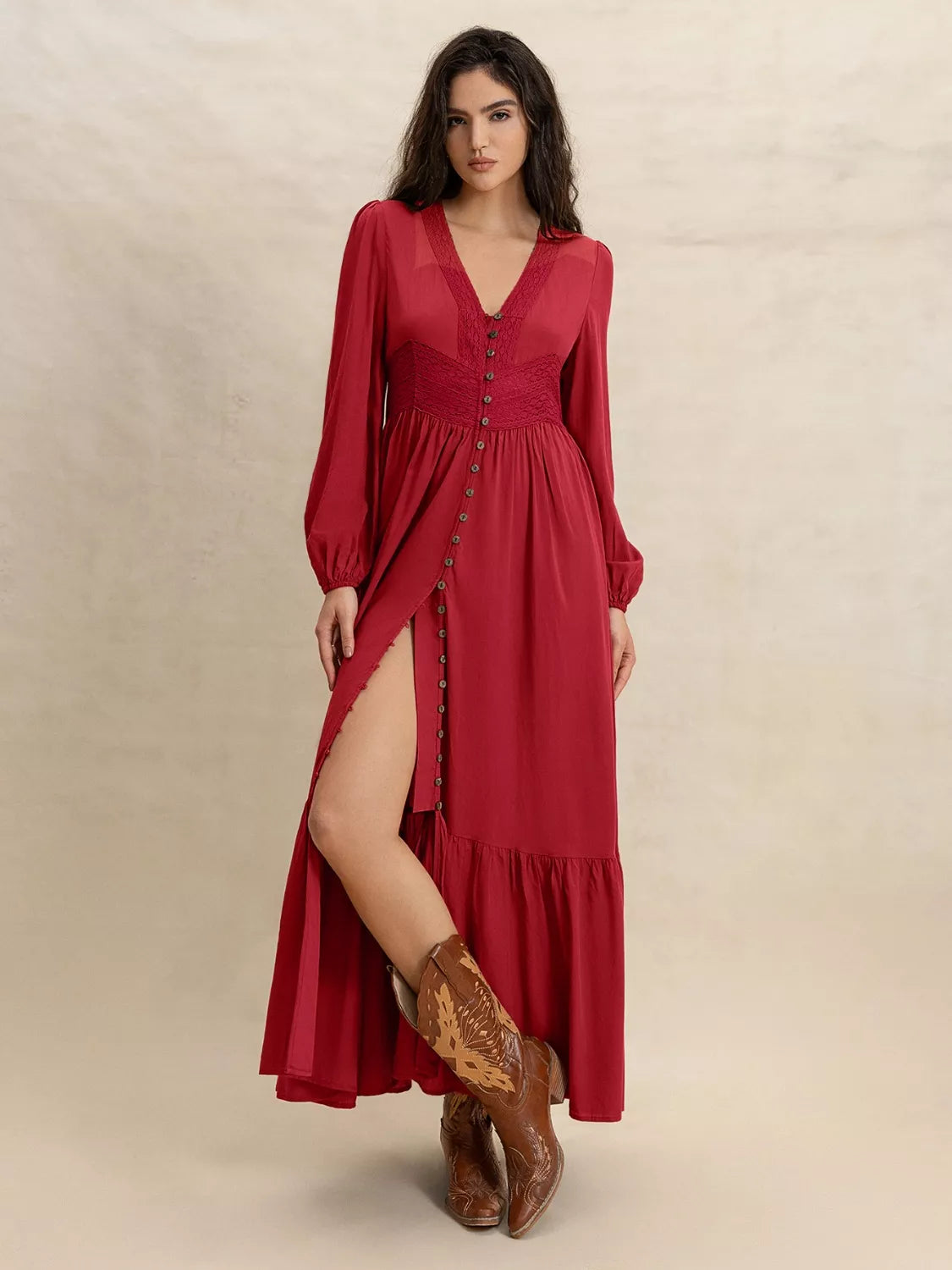 Scarlett Grace Button Front Maxi Dress in deep scarlet red, front view showing the flowing maxi silhouette