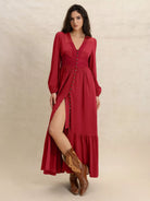 Scarlett Grace Button Front Maxi Dress in deep scarlet red, front view showing the flowing maxi silhouette