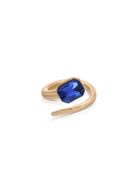 Gold-tone open wrap ring with sapphire-blue rectangular crystal on white background.